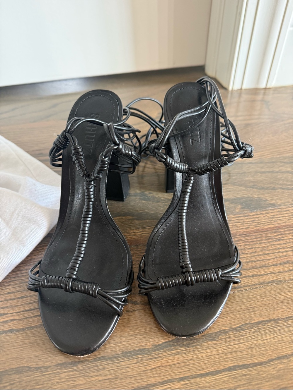 Schutz Amunet Ankle Wrap Black Strappy Heeled Sandals